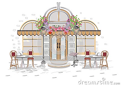 Series of backgrounds decorated with flowers, old town views and street cafes. Vector Illustration